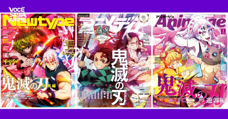 Unindo as capas de 3 diferentes revistas forma uma Ilustração de Kimetsu no Yaiba