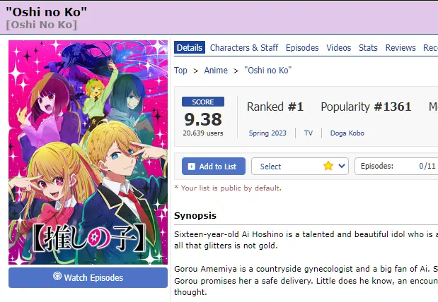 Oshi no Ko é o anime Número 1 no MyAnimeList