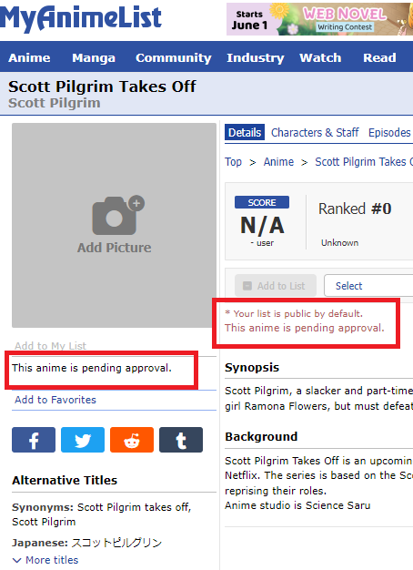 Should Scott Pilgrim Takes Off be on MyAnimeList?