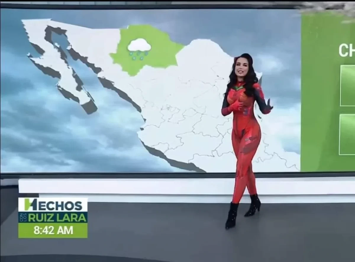 Weather girl with Asuka cosplay on mexican TV
