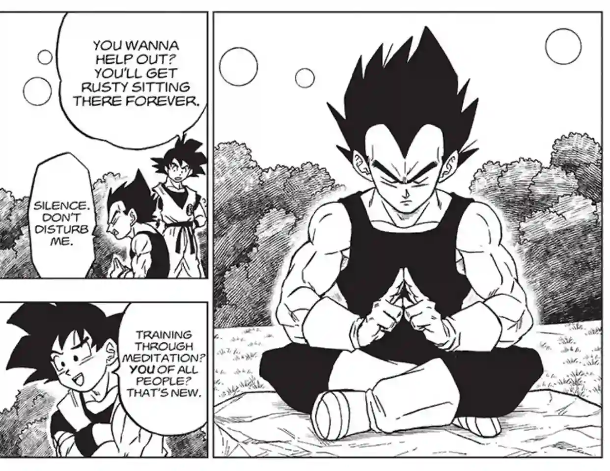 Unlike the movie, Goku recognizes meditation as training in the Dragon Ball Super manga