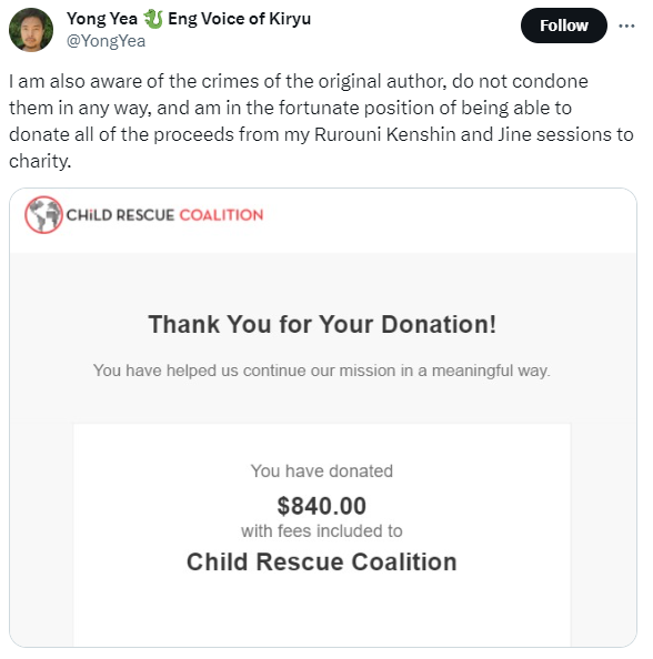Vozes Americanas de Kenshin doam para a Proteção Infantil por causa do Autor