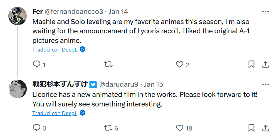 Lycoris Recoil To Receive Film, as Indicated by Deleted Tweet