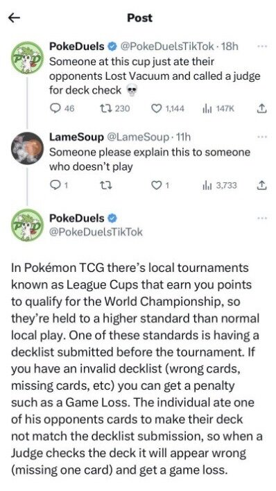 Print da explicação de PuppyDuels sobre o incidente no torneio de Pokémon TCG.