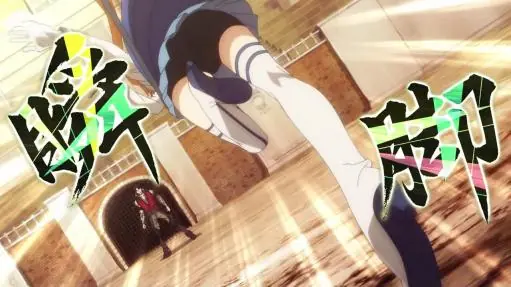 Scene from the Shinmai Ossan Boukensha anime showing Angelica with dark shorts under her skirt