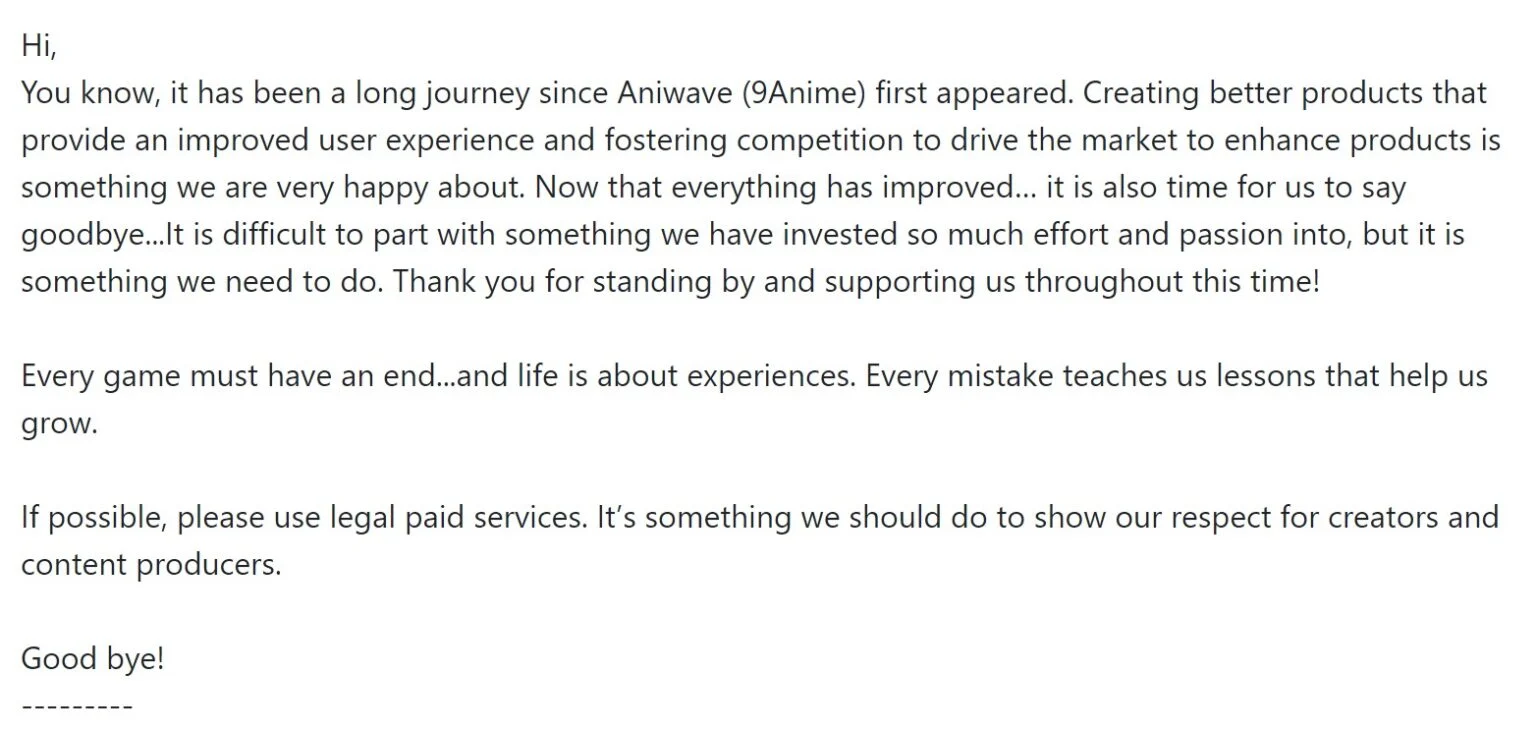 Screenshot of Aniwave’s farewell message following the shutdown of the pirate anime site