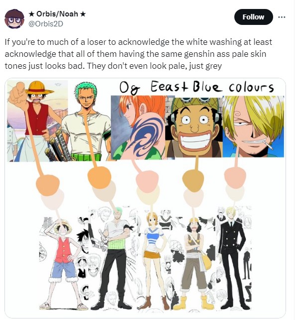 fa idiota reclama de personagens brancos de one piece