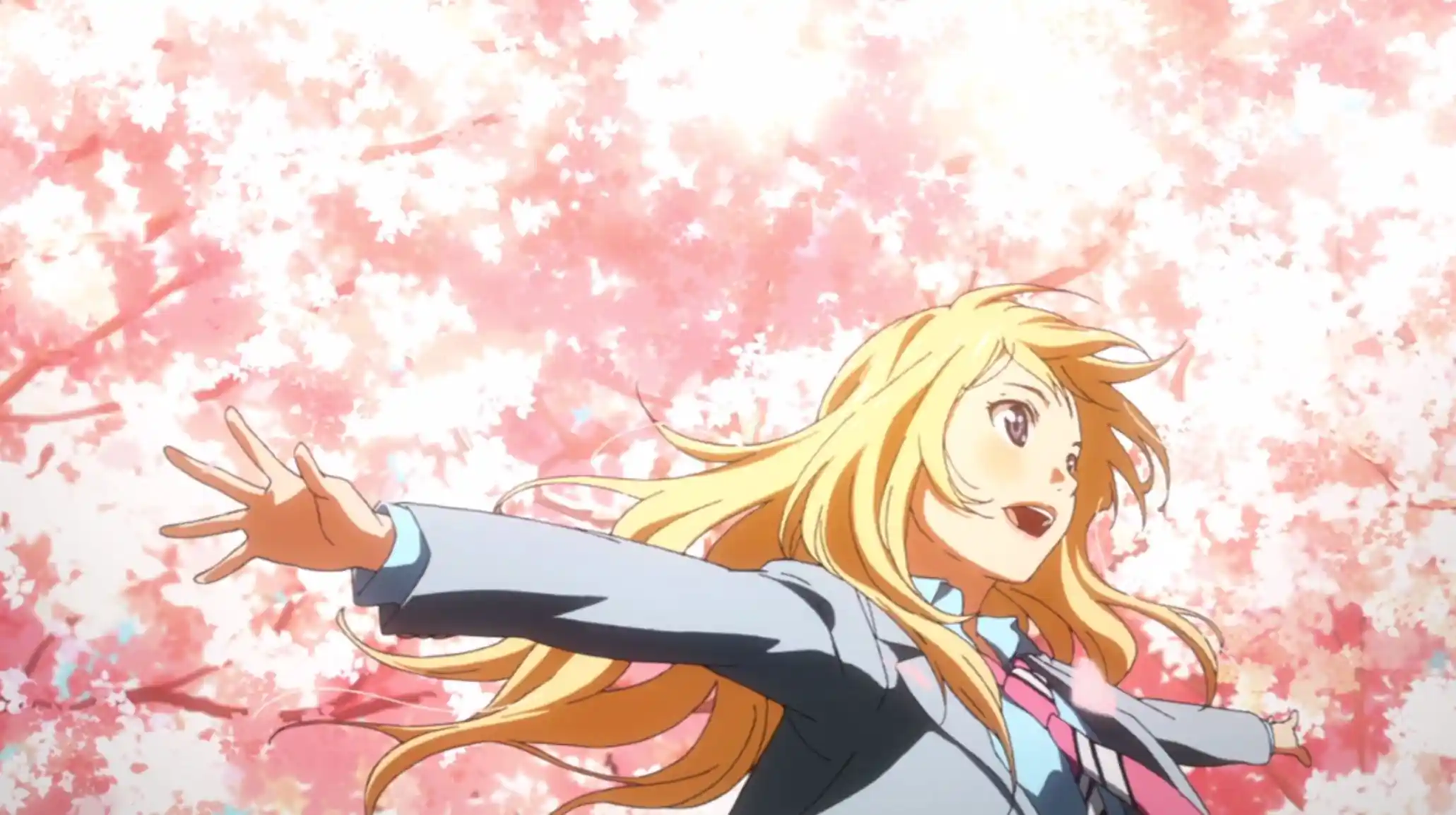 Personagens de Shigatsu wa Kimi no Uso tocando piano