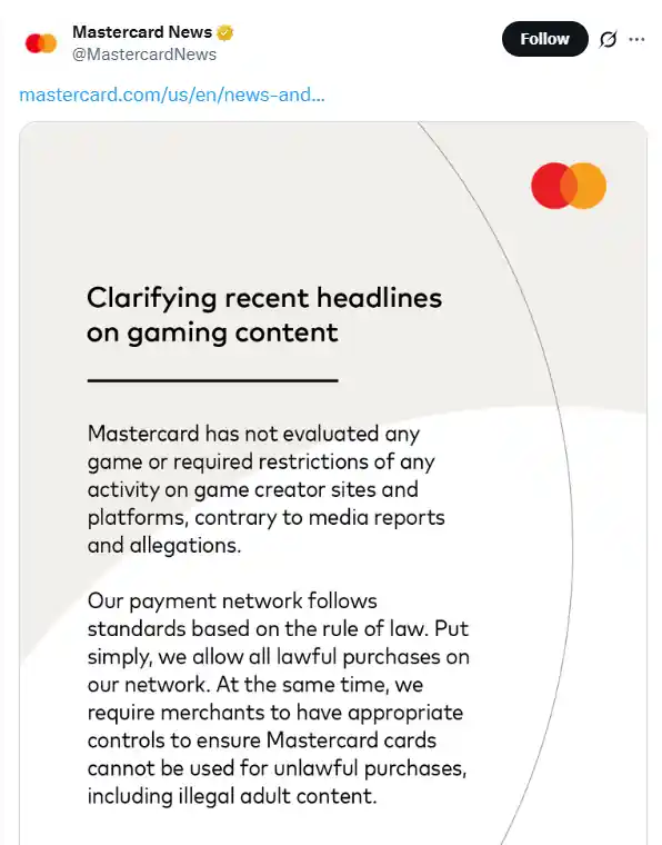 Mastercard Lies about Censorship of Adult Games