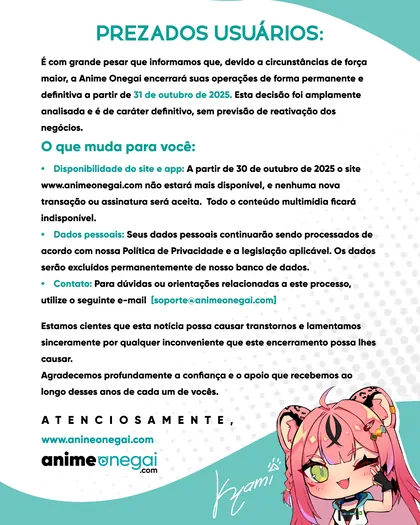 Streaming Anime Onegai encerrará suas atividades em 31 de outubro
