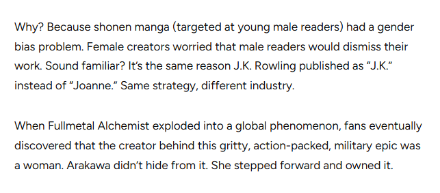 Hiromu Arakawa Realmente Escondeu seu Gênero por causa dos Leitores Shonen?