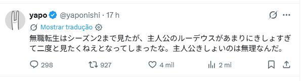 Artista Adulto Yapo dropou Mushoku Tensei por Rudeus ser Nojento Artista Adulto Yapo dropou Mushoku Tensei por Rudeus ser Nojento