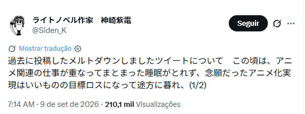 print do tweet do autor de Black Bullet sobre burnout print do tweet do autor de Black Bullet sobre burnout
