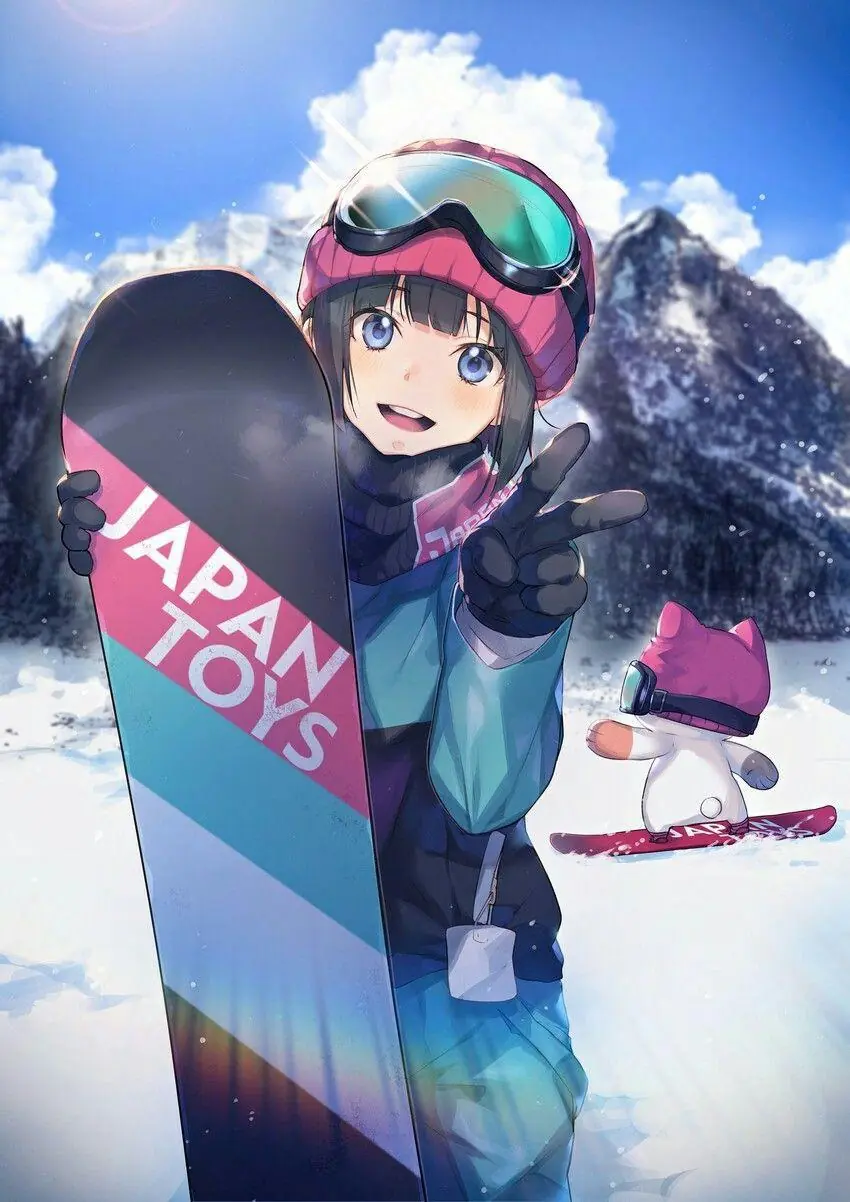 Garota de anime praticando snowboarding Garota de anime praticando snowboarding